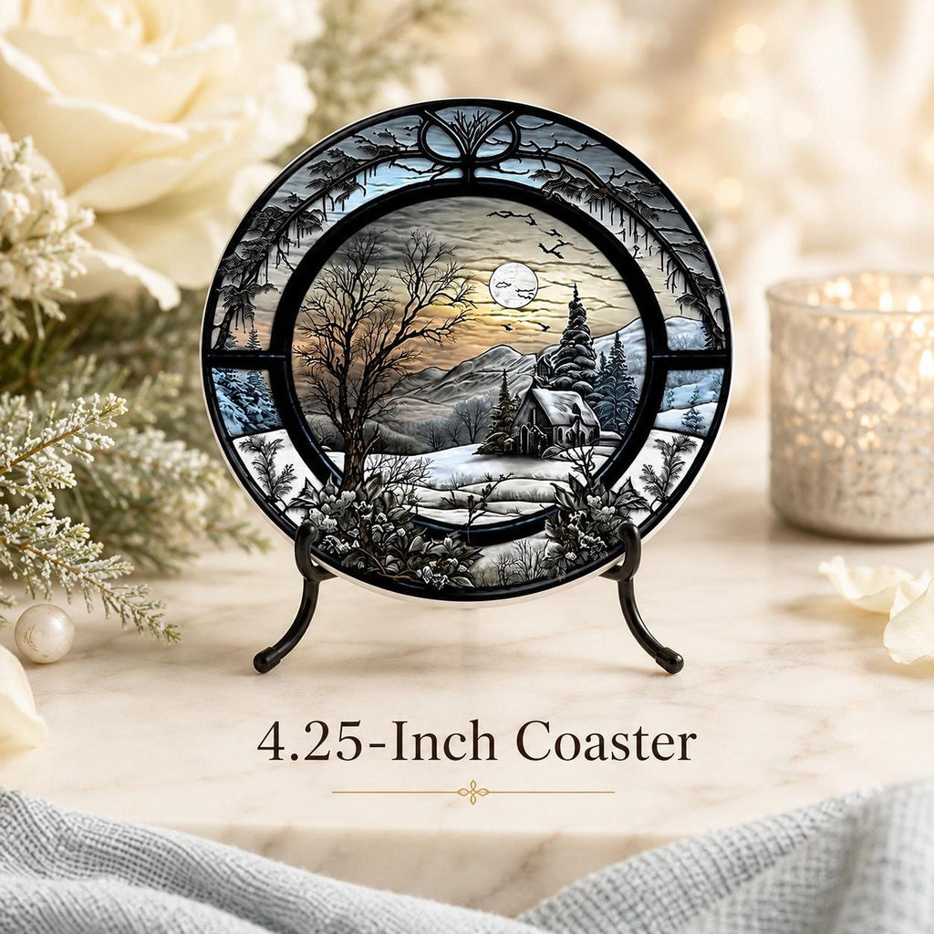 Winter Coaster with Snowy Cabin Landscape, Ceramic Drink