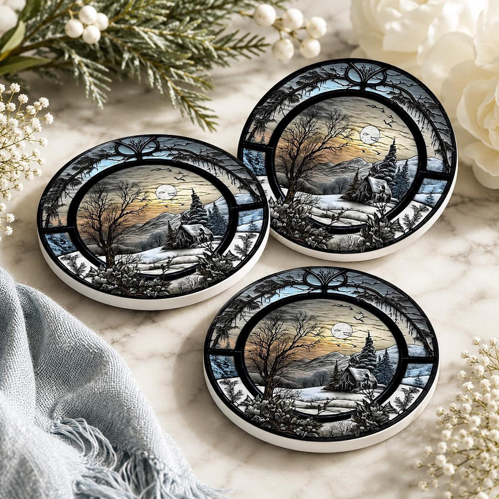 Winter Coaster with Snowy Cabin Landscape, Ceramic Drink