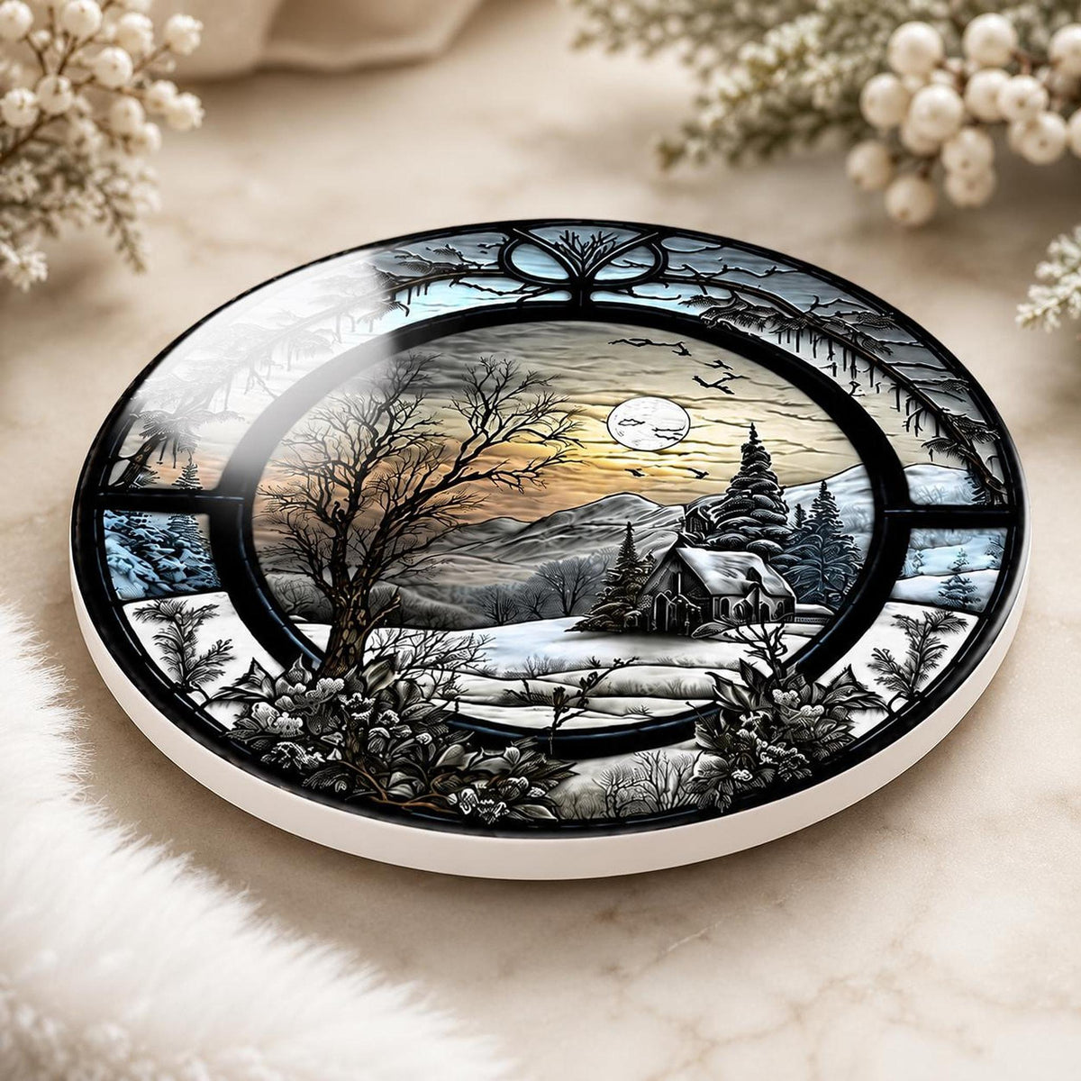Winter Coaster with Snowy Cabin Landscape, Ceramic Drink