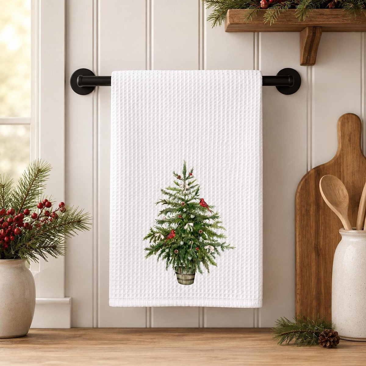 Christmas Tree Waffle Weave Towel with Cardinal Design, Rustic Holiday Decor