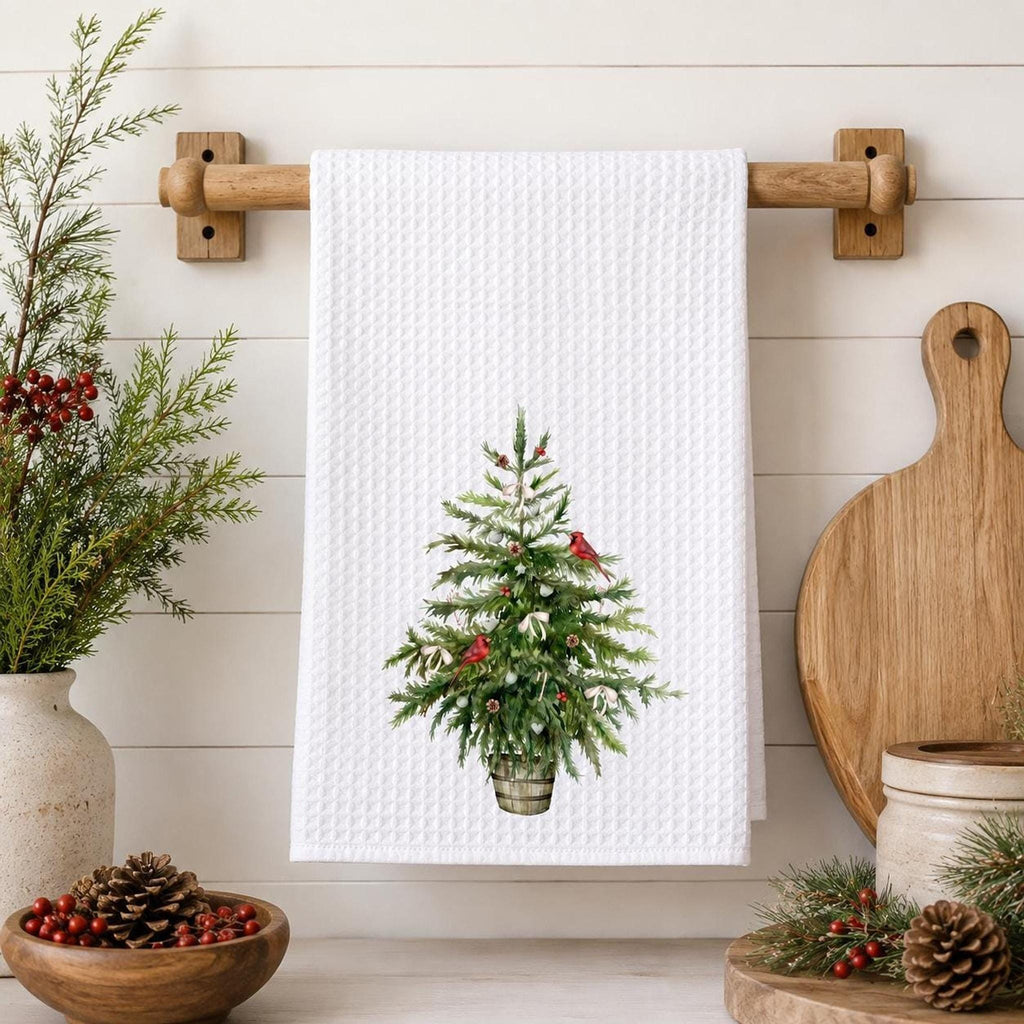 Christmas Tree Waffle Weave Towel with Cardinal Design, Rustic Holiday Decor