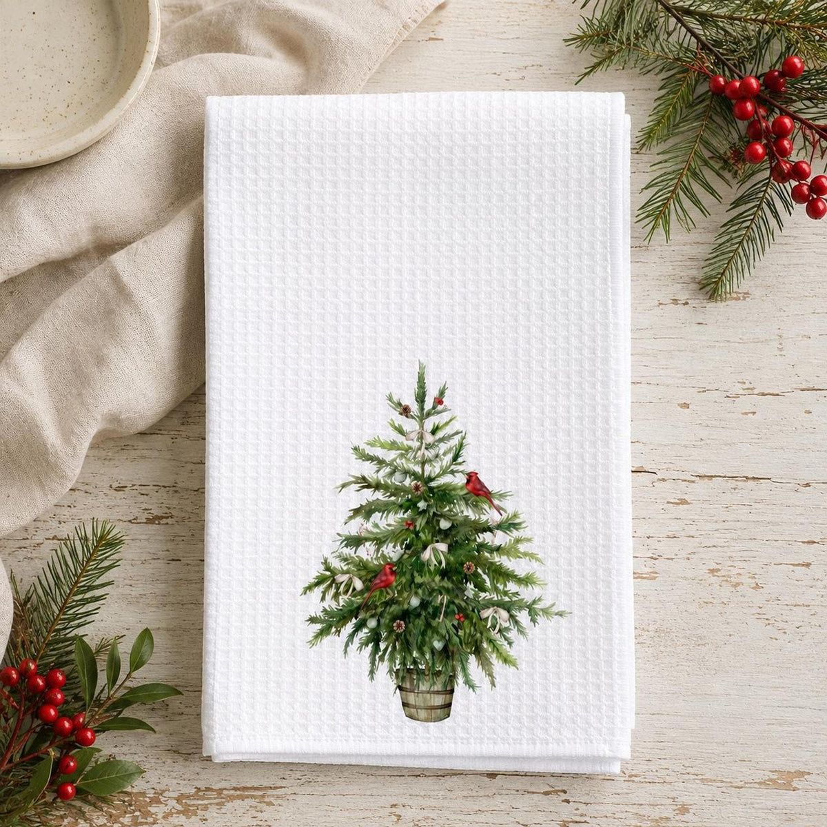 Christmas Tree Waffle Weave Towel with Cardinal Design, Rustic Holiday Decor