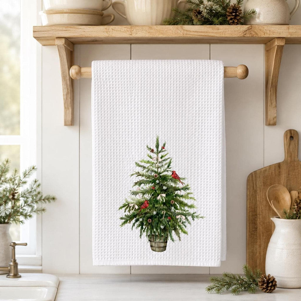 Christmas Tree Waffle Weave Towel with Cardinal Design, Rustic Holiday Decor
