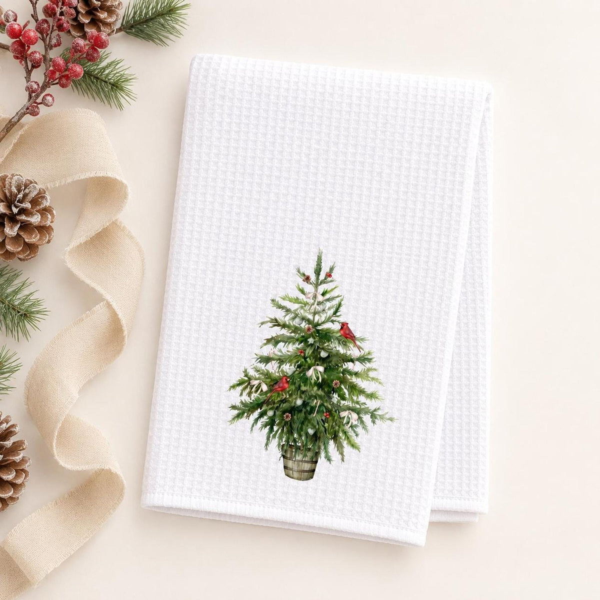 Christmas Tree Waffle Weave Towel with Cardinal Design, Rustic Holiday Decor