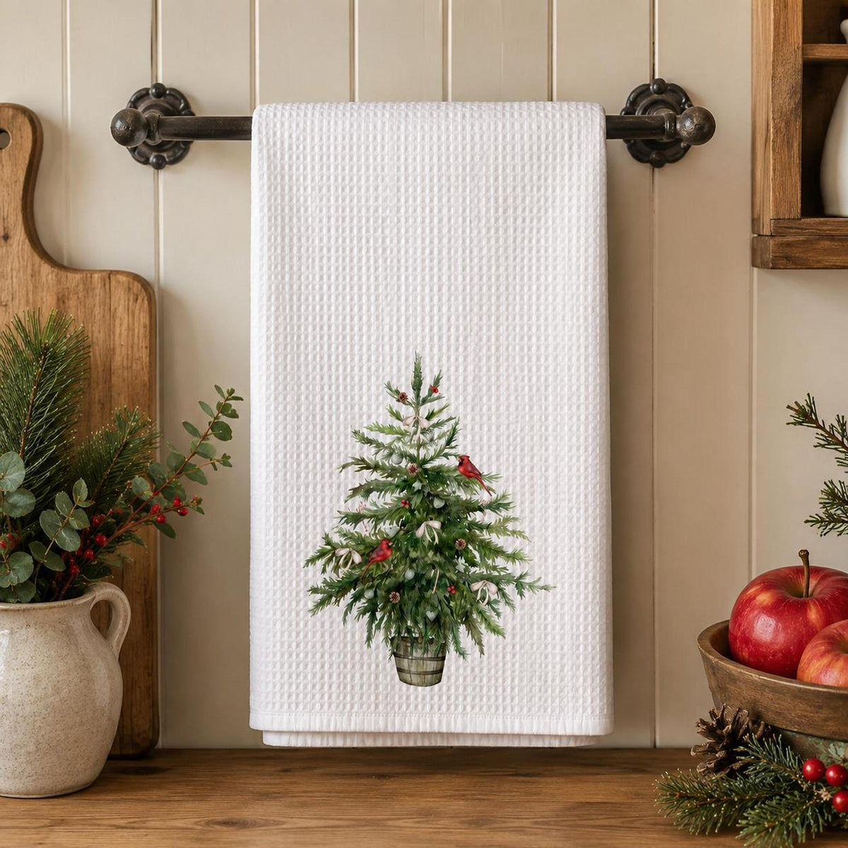 Christmas Tree Waffle Weave Towel with Cardinal Design, Rustic Holiday Decor