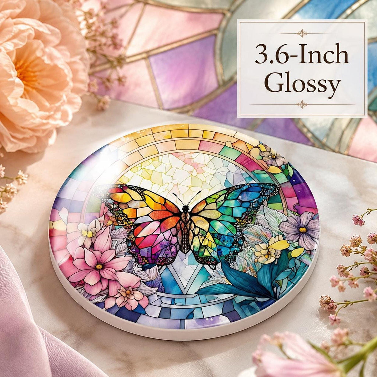 Rainbow Butterfly Ceramic Art Coaster, Colorful Floral Design