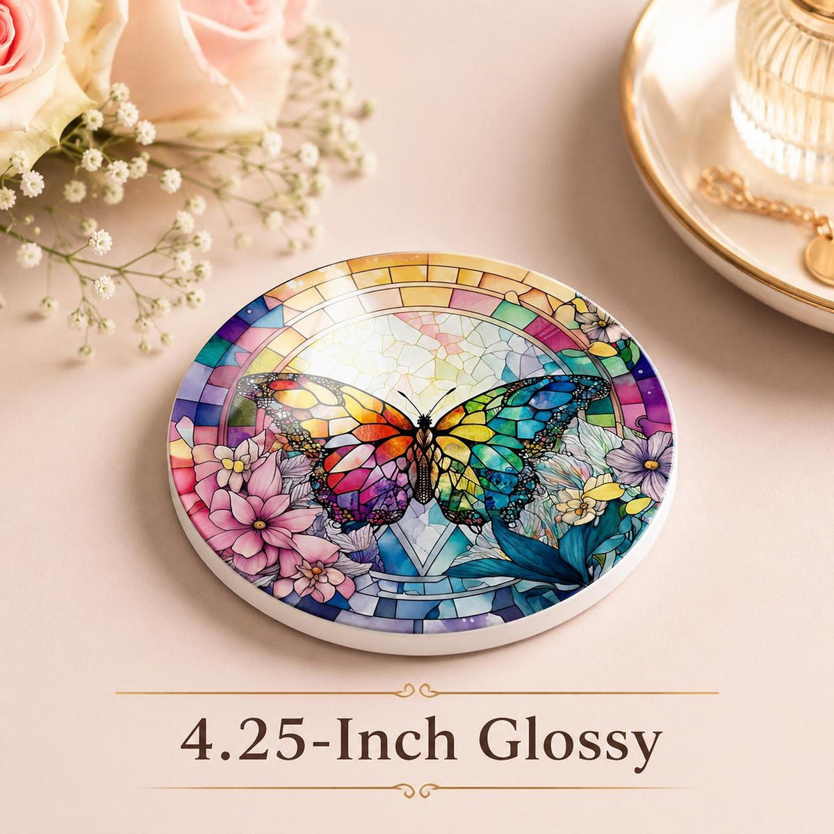 Rainbow Butterfly Ceramic Art Coaster, Colorful Floral Design