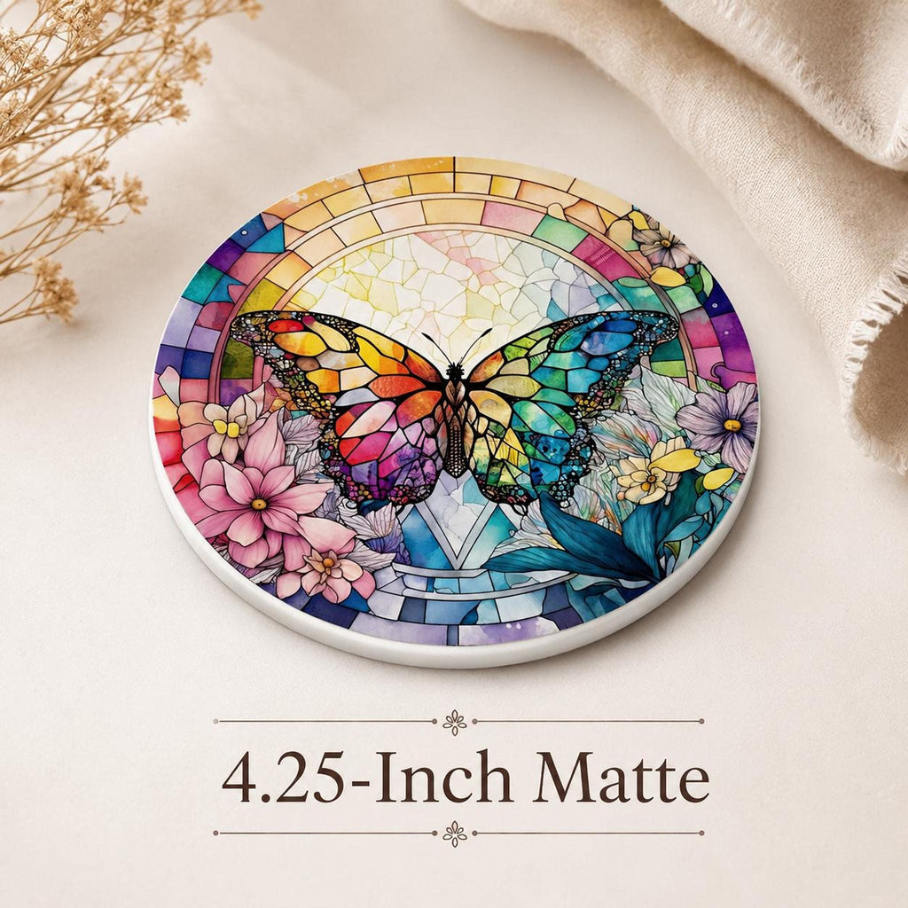 Rainbow Butterfly Ceramic Art Coaster, Colorful Floral Design