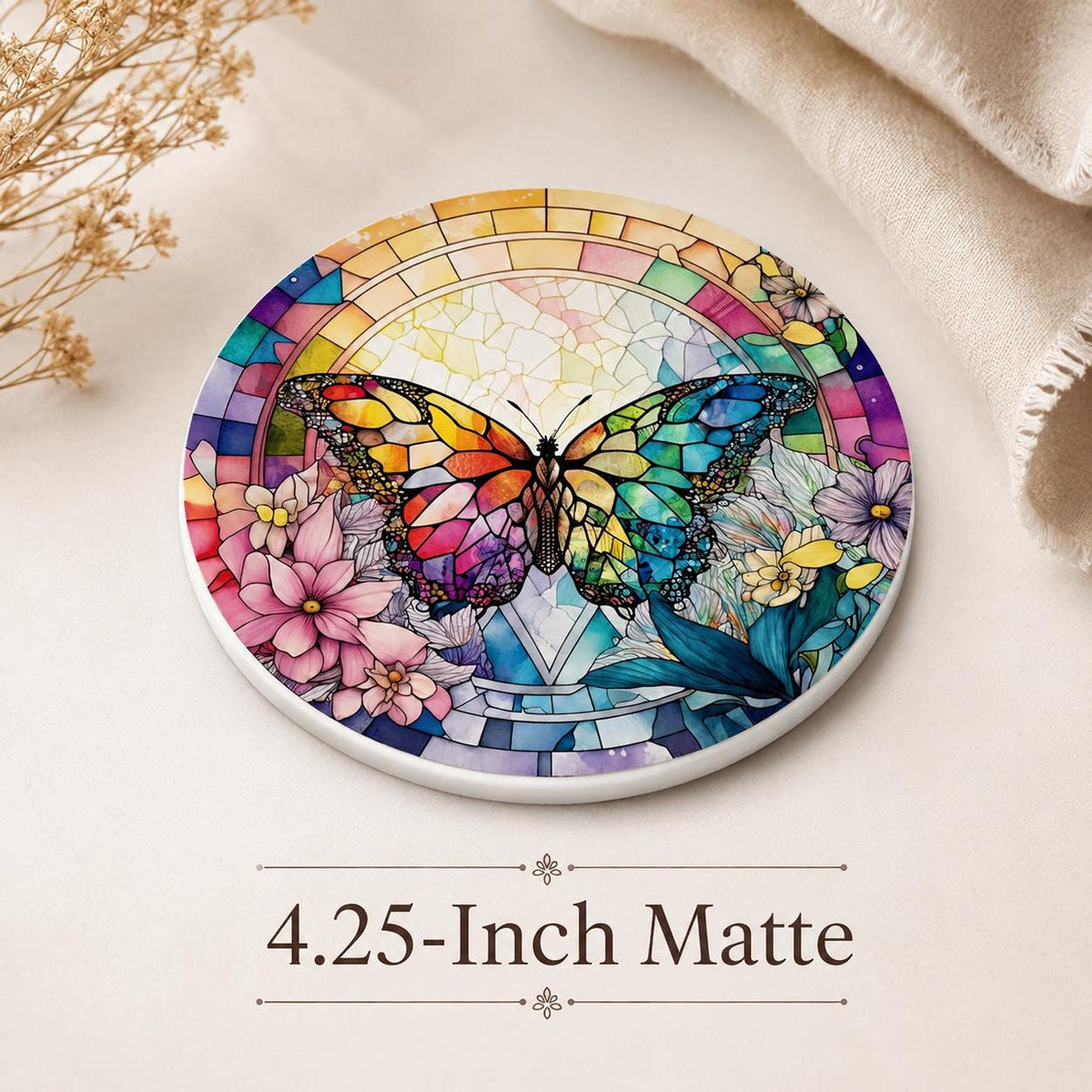 Rainbow Butterfly Ceramic Art Coaster, Colorful Floral Design