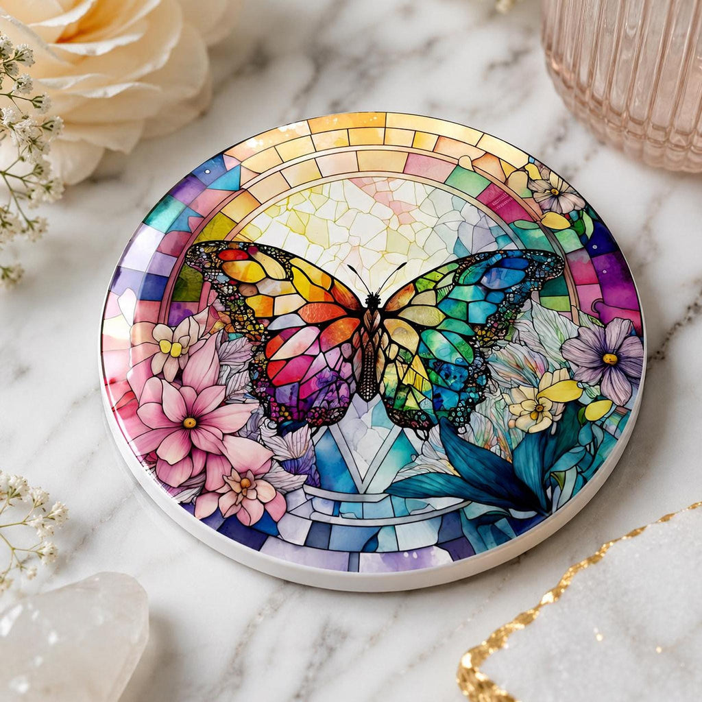 Rainbow Butterfly Ceramic Art Coaster, Colorful Floral Design