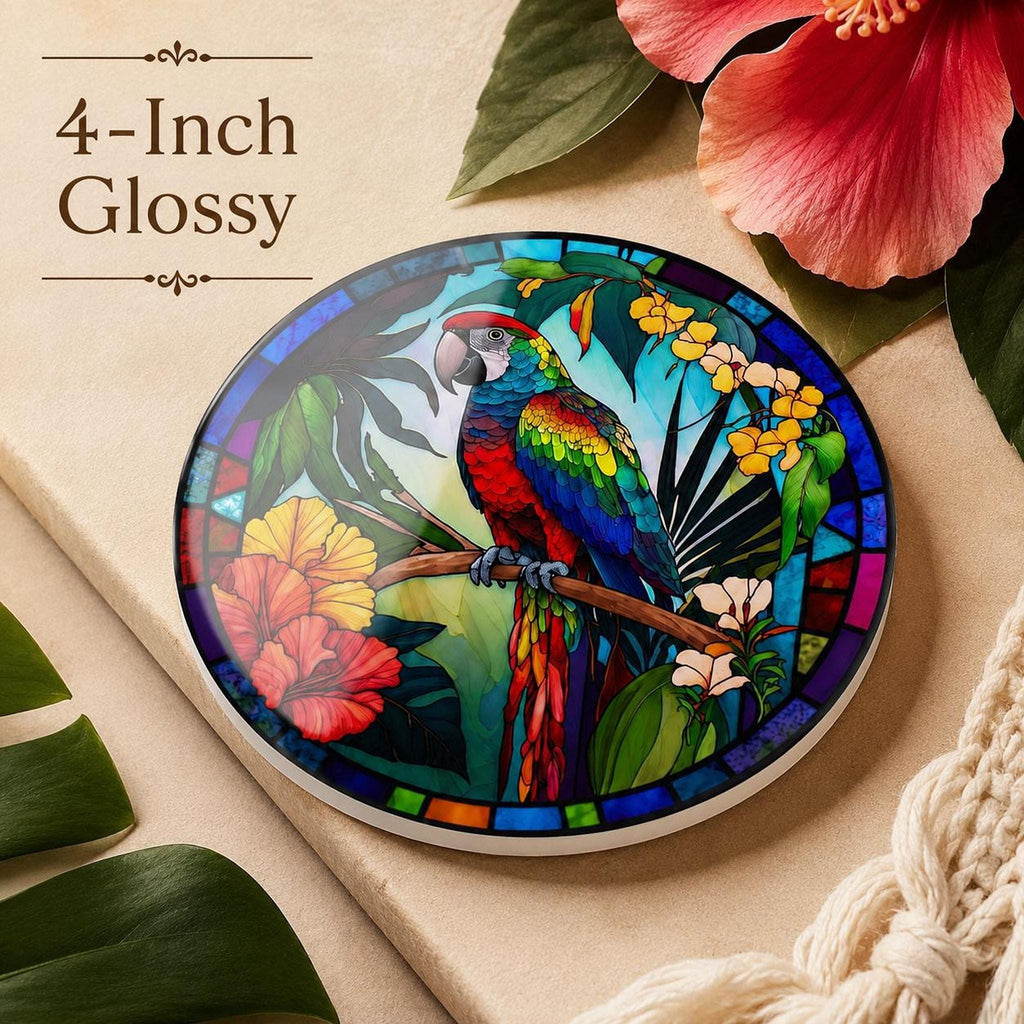 Colorful Parrot Coaster, Tropical Ceramic Drink with Glossy Finish