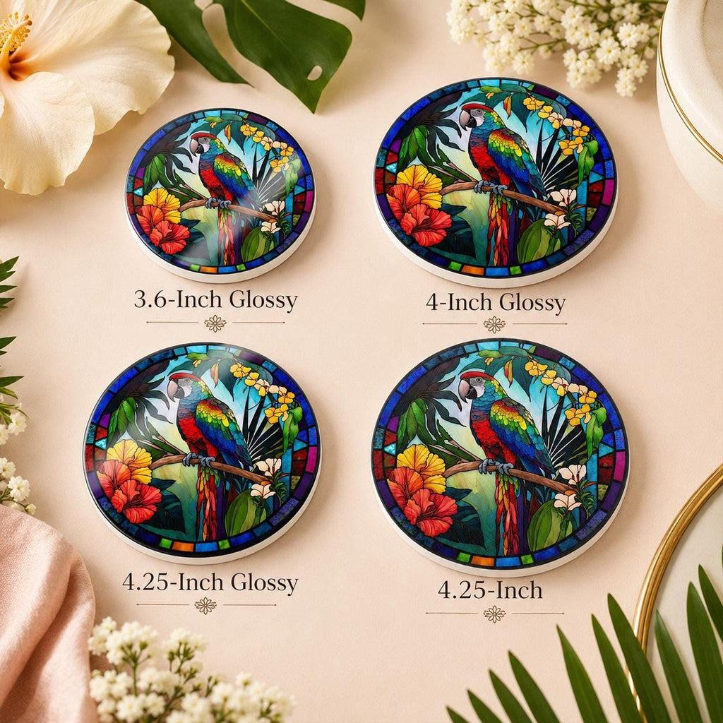 Colorful Parrot Coaster, Tropical Ceramic Drink with Glossy Finish