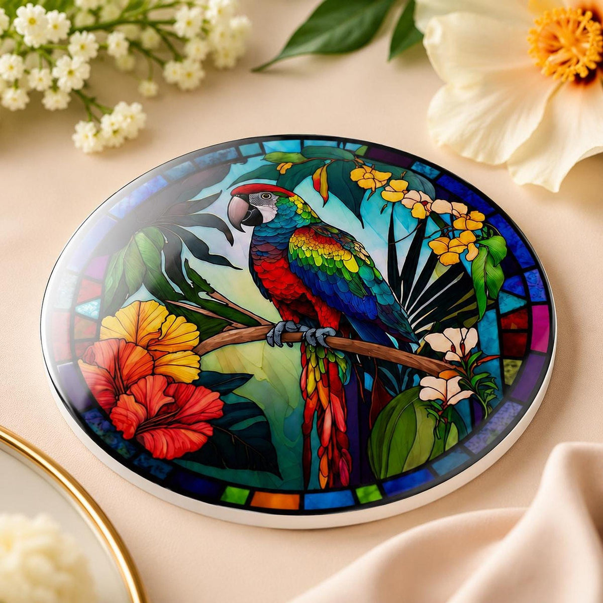 Colorful Parrot Coaster, Tropical Ceramic Drink with Glossy Finish