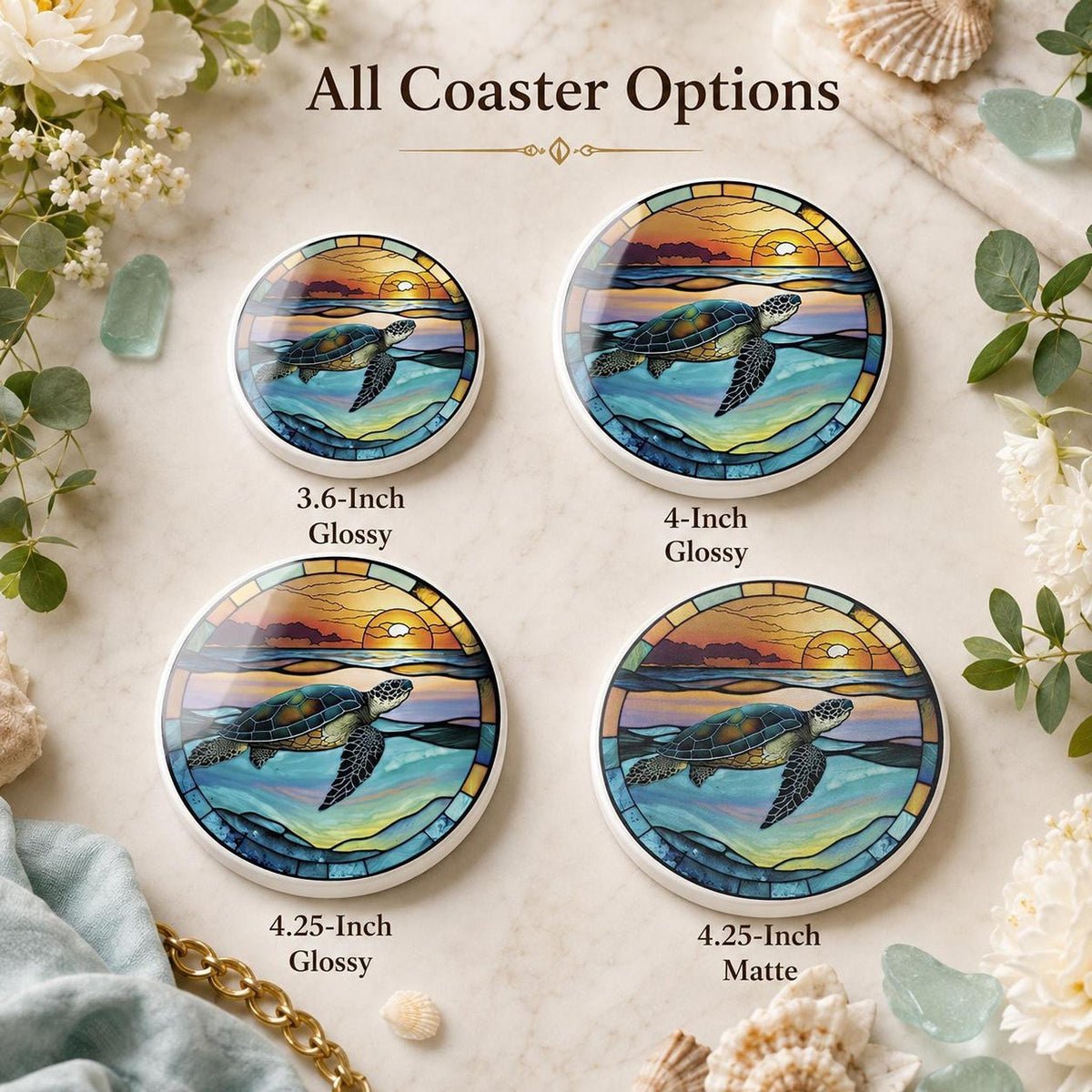 Sea Turtle Coaster, Round Ceramic Design with Glossy and Matte Options
