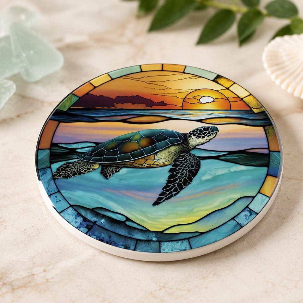 Sea Turtle Coaster, Round Ceramic Design with Glossy and Matte Options