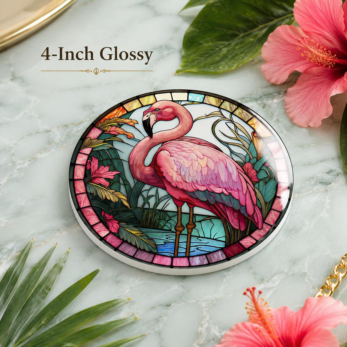 Flamingo Coaster, Round Ceramic Bird Decor with Tropical Design