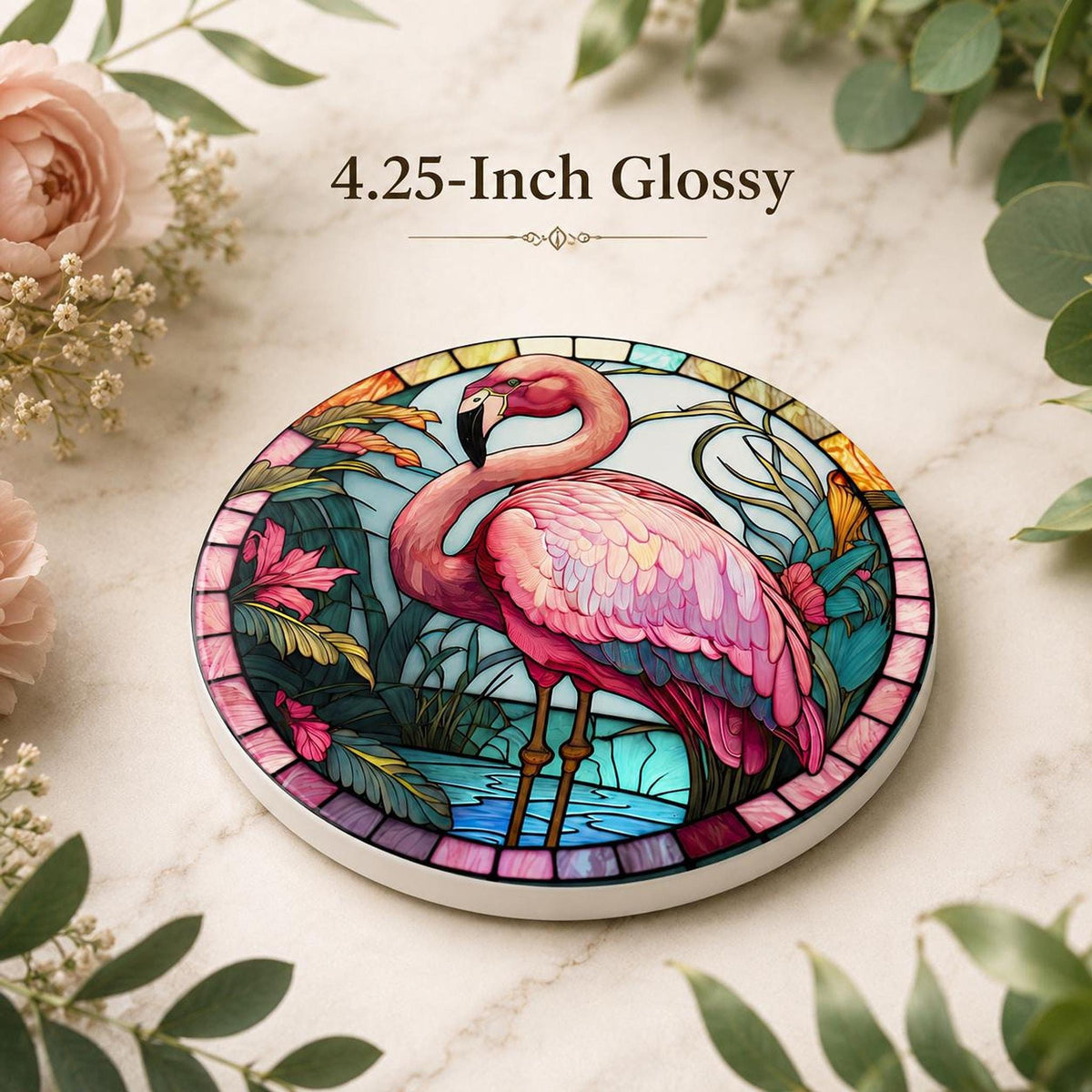 Flamingo Coaster, Round Ceramic Bird Decor with Tropical Design