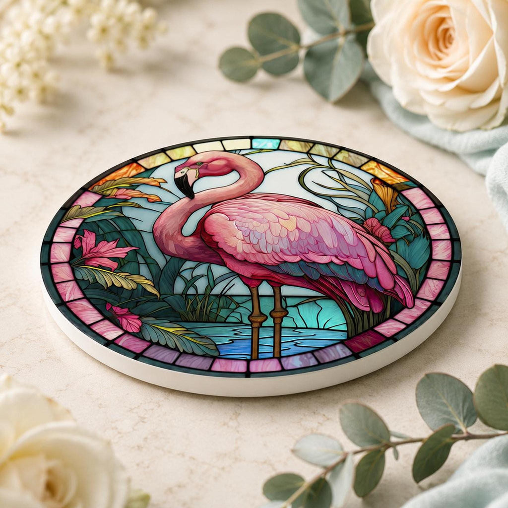 Flamingo Coaster, Round Ceramic Bird Decor with Tropical Design