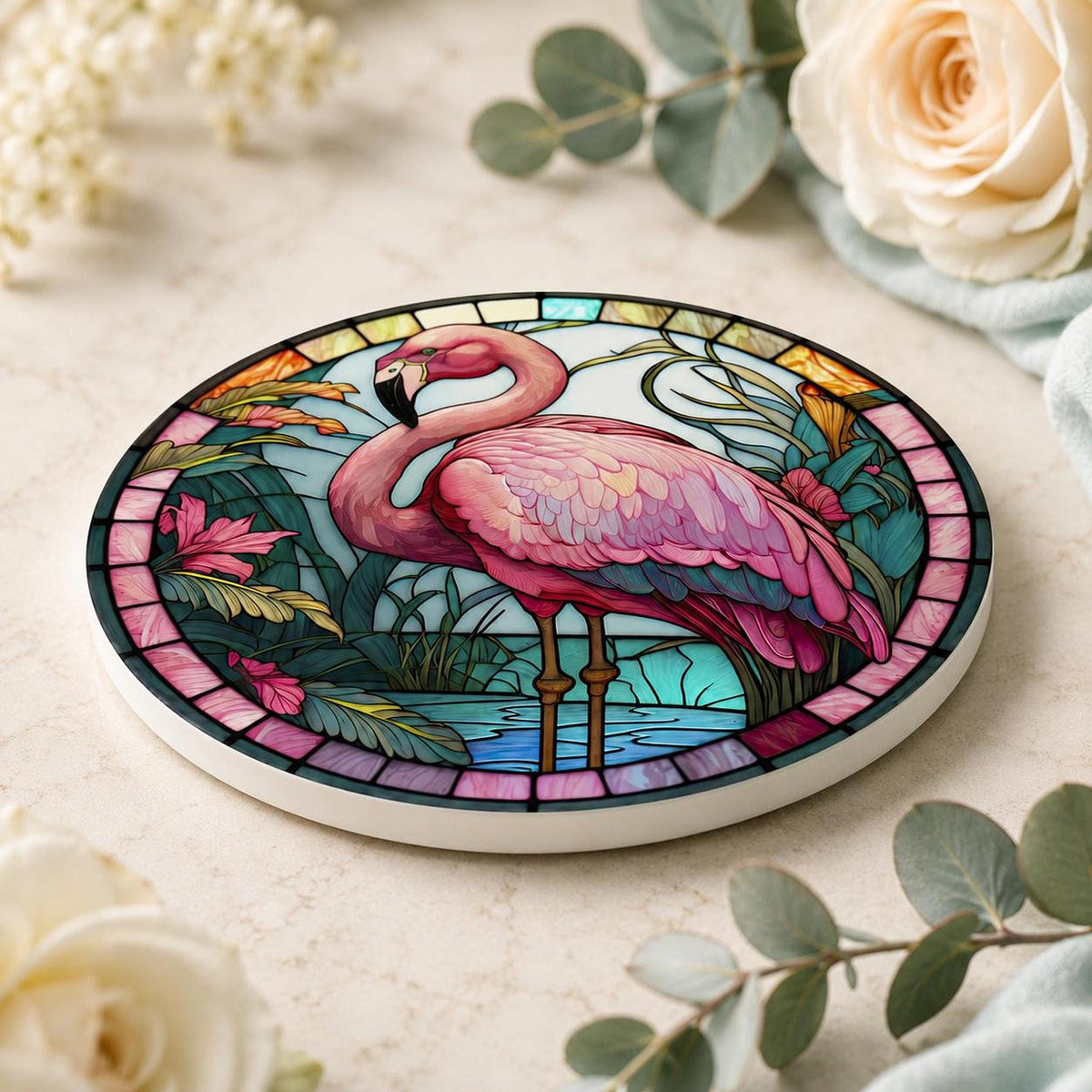 Flamingo Coaster, Round Ceramic Bird Decor with Tropical Design