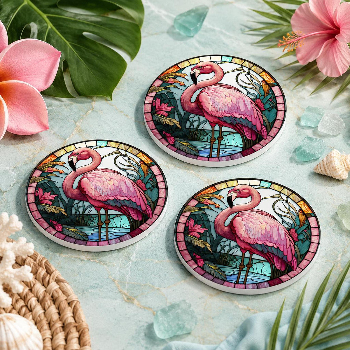 Flamingo Coaster, Round Ceramic Bird Decor with Tropical Design