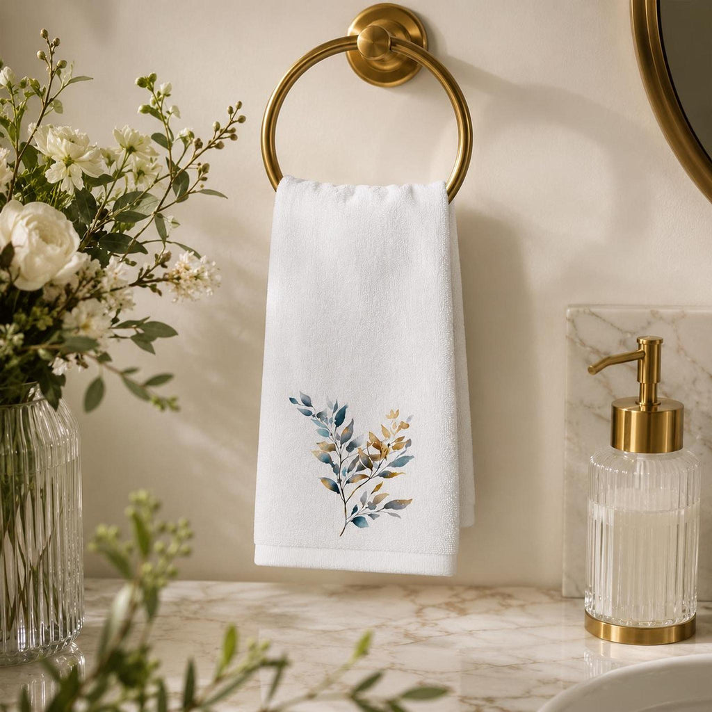 Botanical Fingertip Towel, Blue Gold Leaf Design for Guest Bath