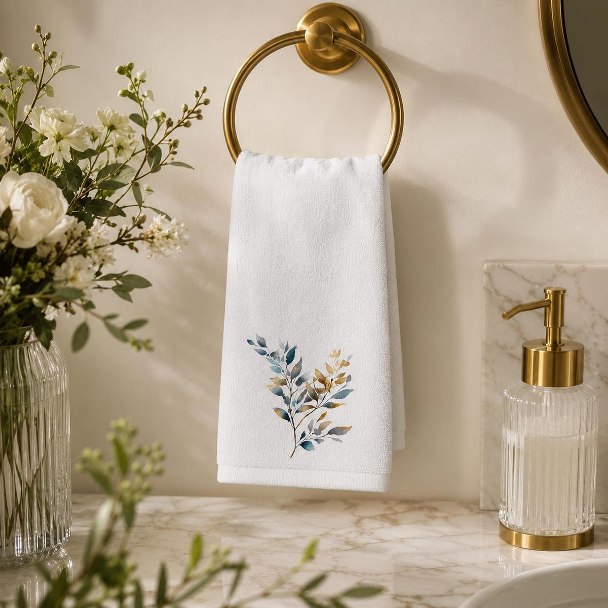 Botanical Fingertip Towel, Blue Gold Leaf Design for Guest Bath