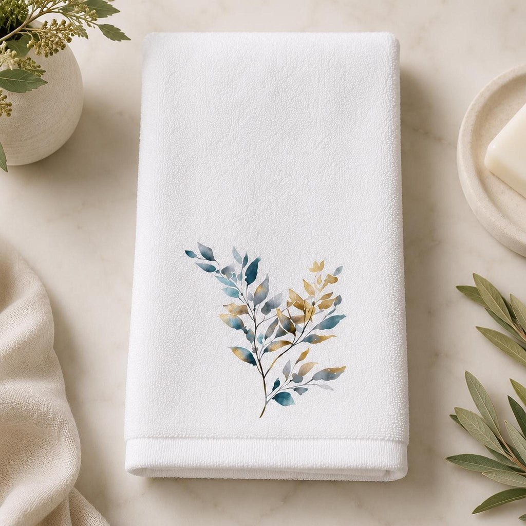 Botanical Fingertip Towel, Blue Gold Leaf Design for Guest Bath