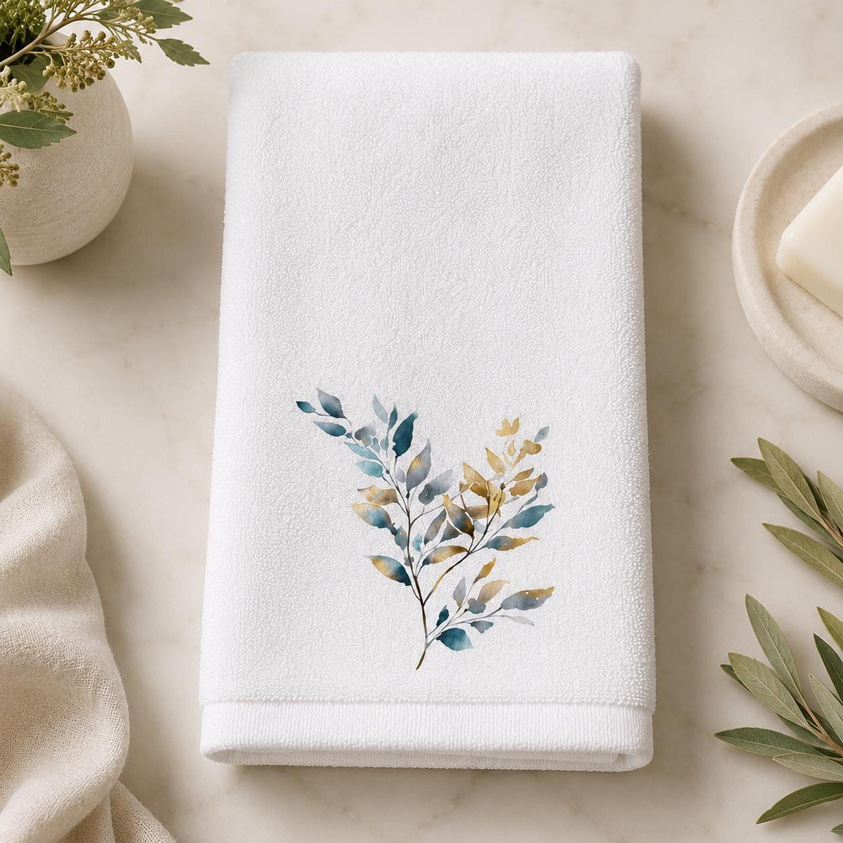 Botanical Fingertip Towel, Blue Gold Leaf Design for Guest Bath