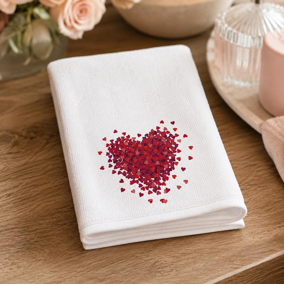 Valentine Towel with Red Heart Design, Romantic Fingertip for Guest Bath