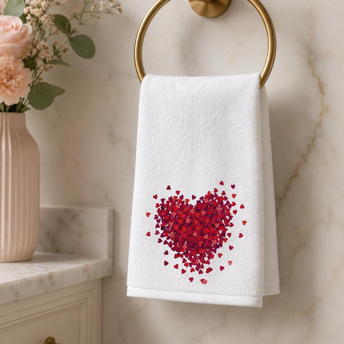 Valentine Towel with Red Heart Design, Romantic Fingertip for Guest Bath