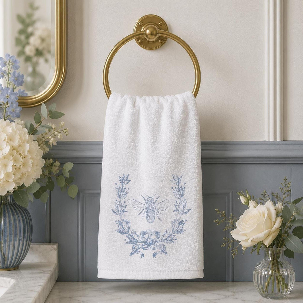 Bee Hand Towel, Blue Botanical Design for Powder Room Decor