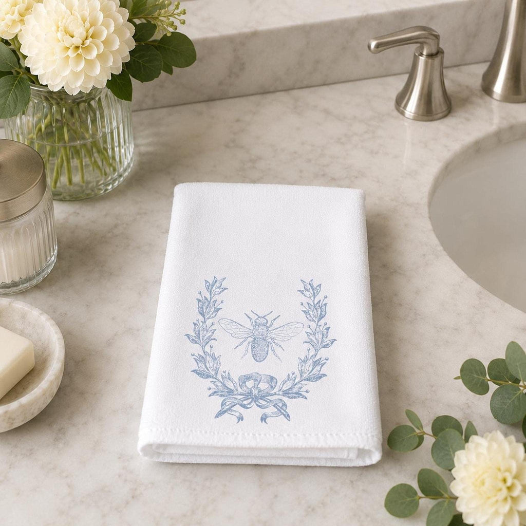 Bee Hand Towel, Blue Botanical Design for Powder Room Decor