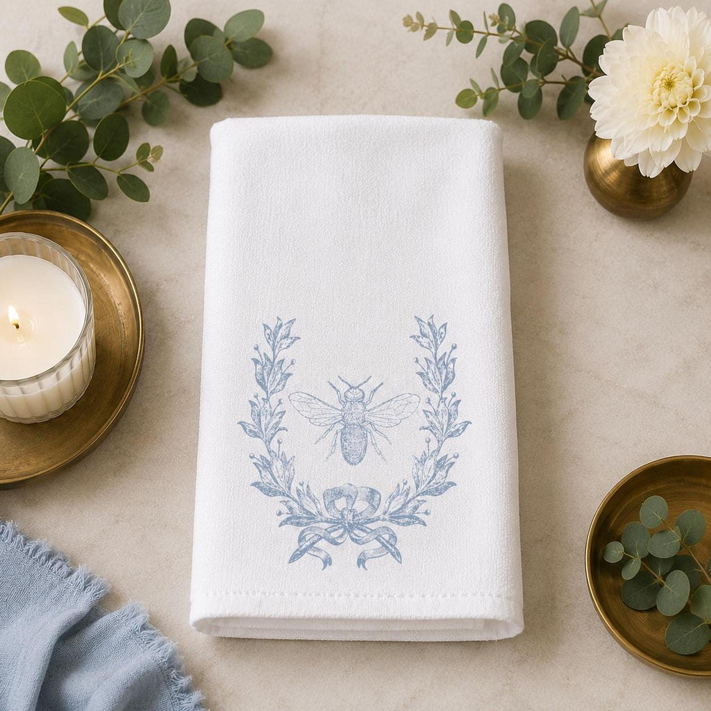 Bee Hand Towel, Blue Botanical Design for Powder Room Decor
