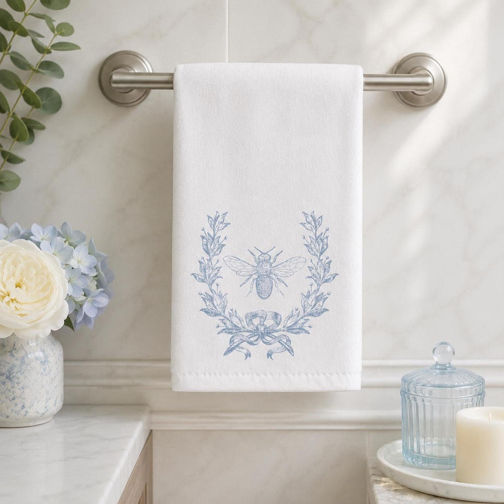 Bee Hand Towel, Blue Botanical Design for Powder Room Decor
