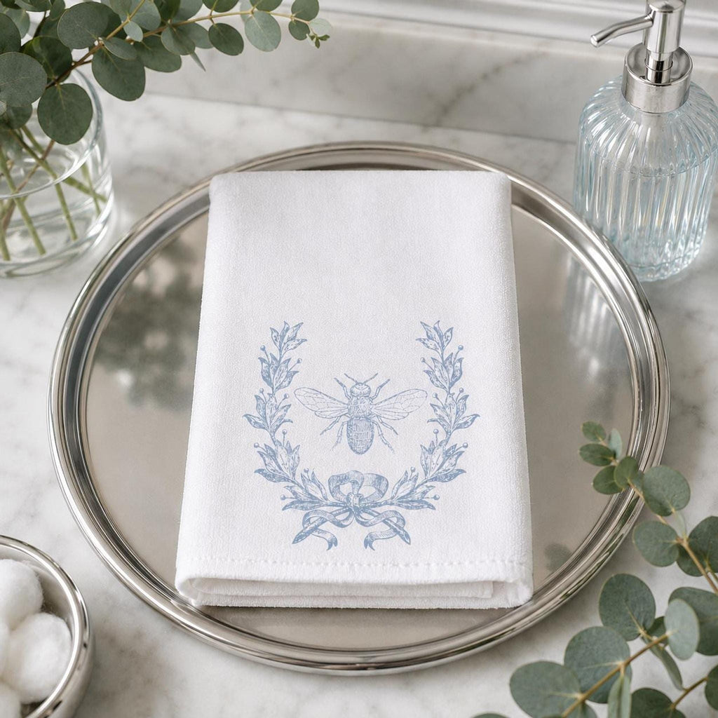 Bee Hand Towel, Blue Botanical Design for Powder Room Decor
