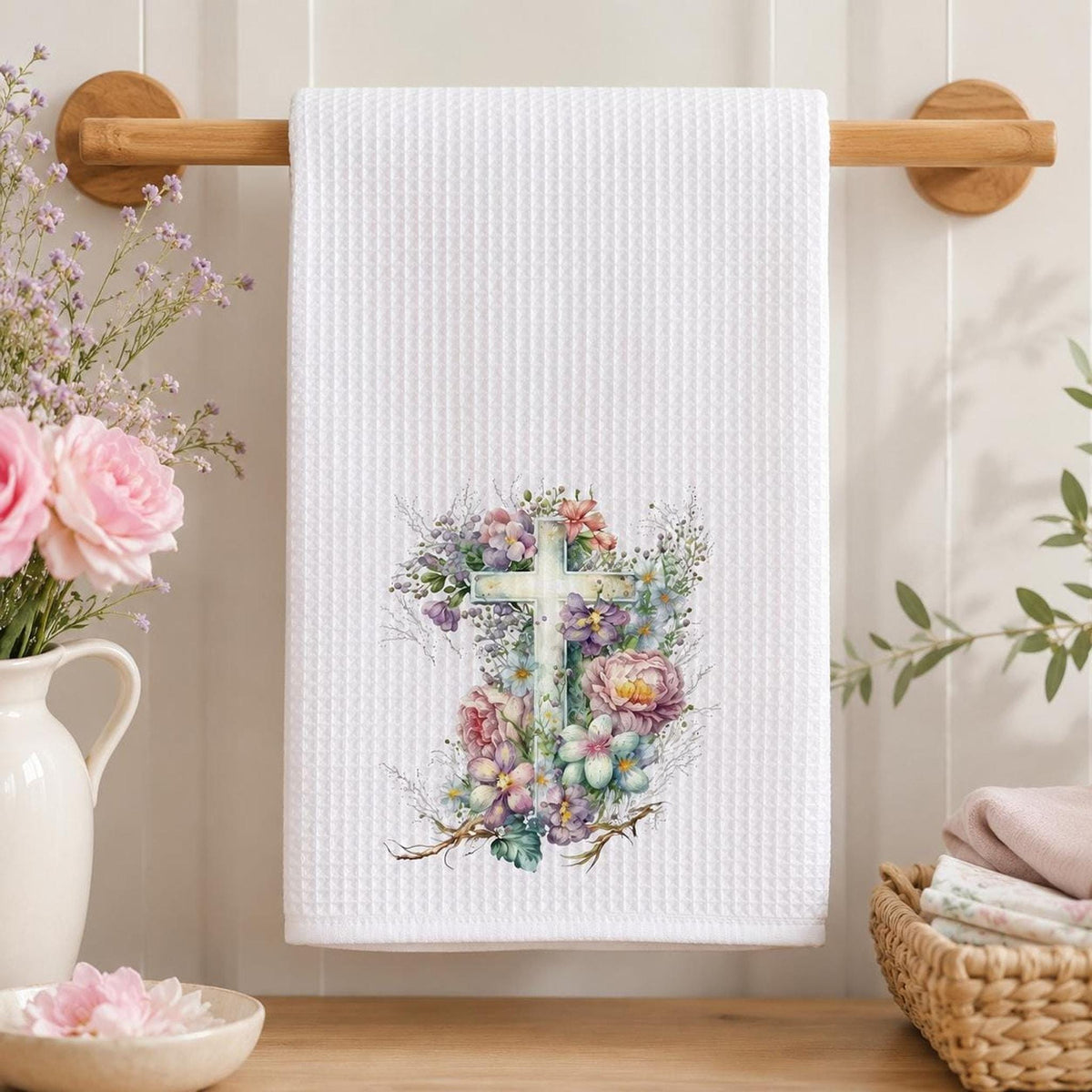 Floral Cross Waffle Towel, Spring Kitchen Decor with Pastel Flowers