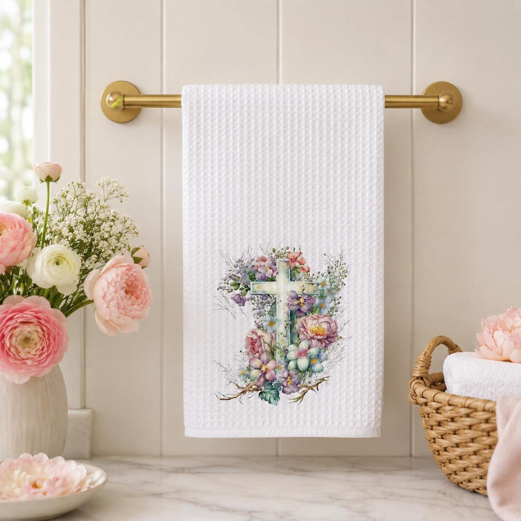 Floral Cross Waffle Towel, Spring Kitchen Decor with Pastel Flowers