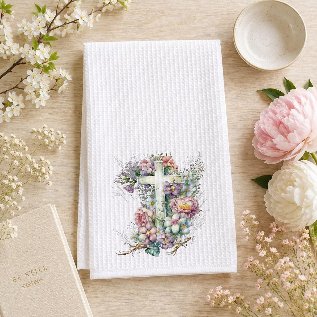 Floral Cross Waffle Towel, Spring Kitchen Decor with Pastel Flowers