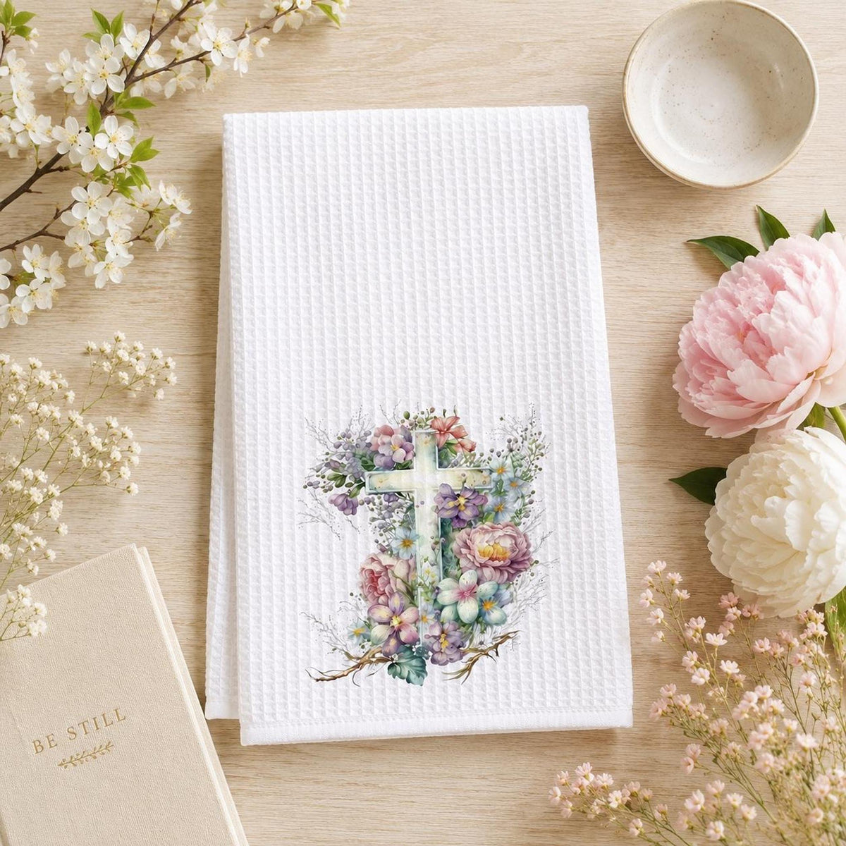 Floral Cross Waffle Towel, Spring Kitchen Decor with Pastel Flowers
