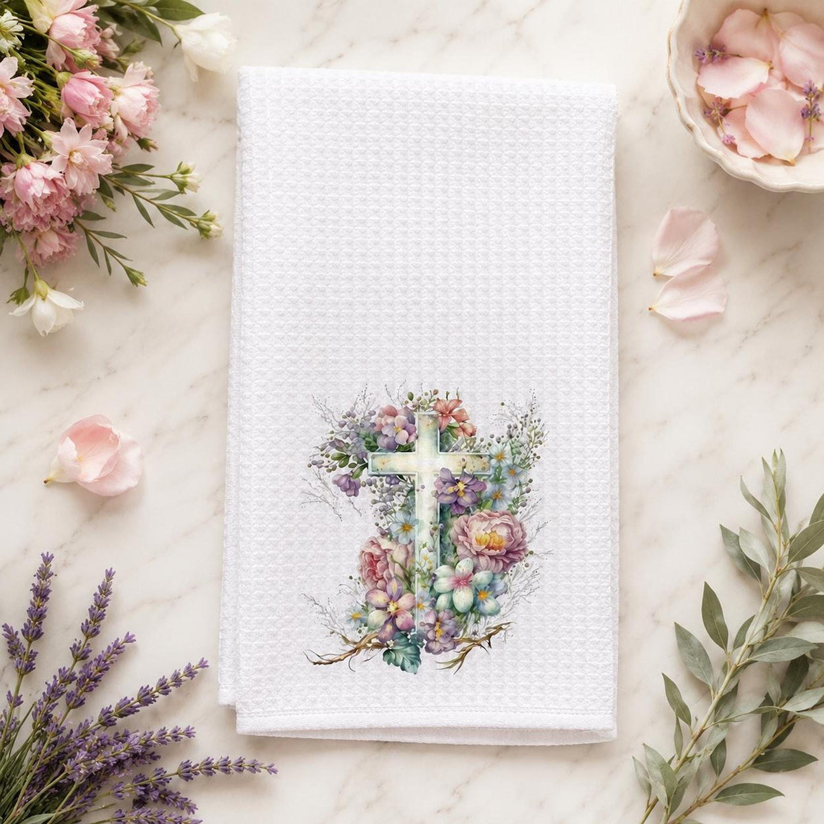 Floral Cross Waffle Towel, Spring Kitchen Decor with Pastel Flowers