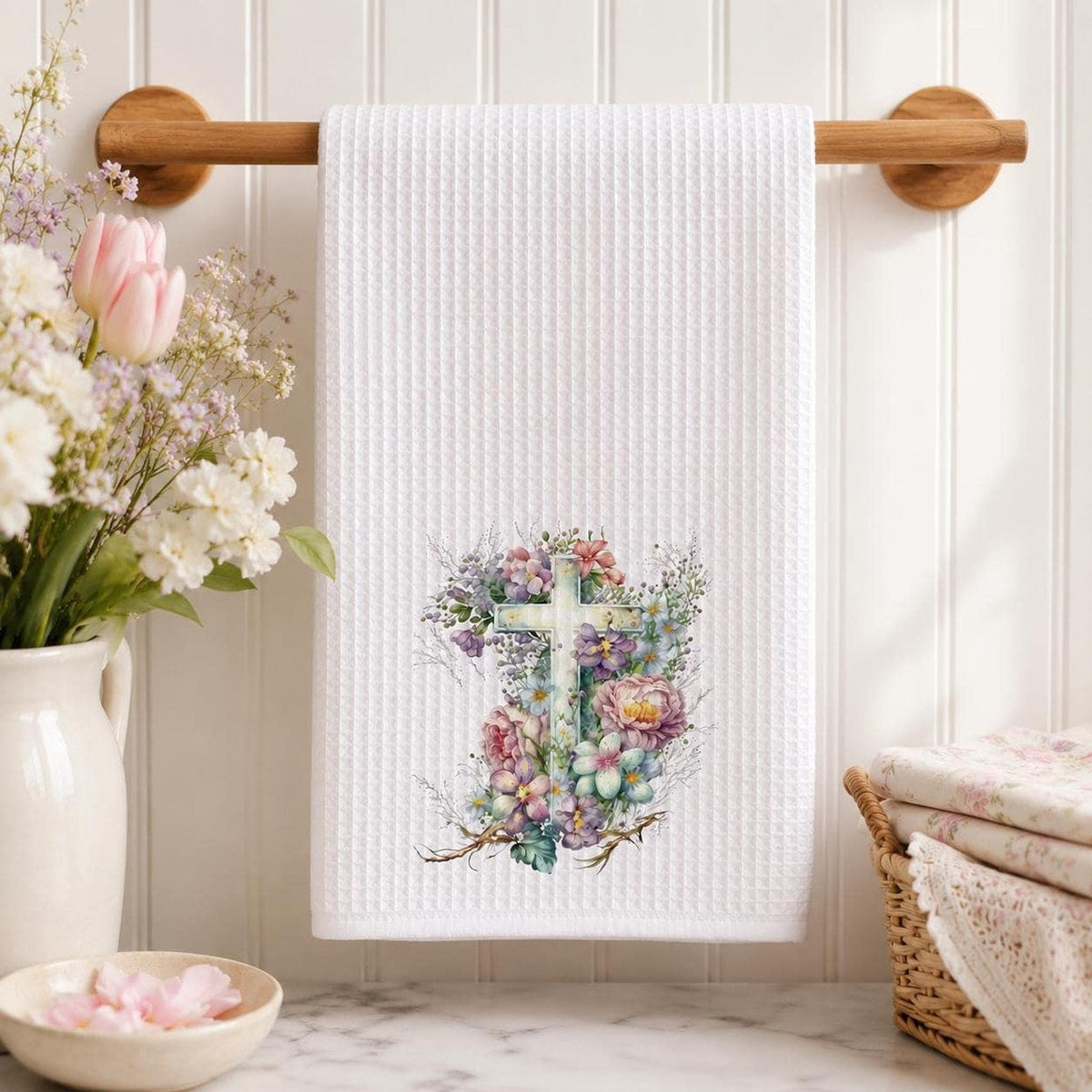 Floral Cross Waffle Towel, Spring Kitchen Decor with Pastel Flowers