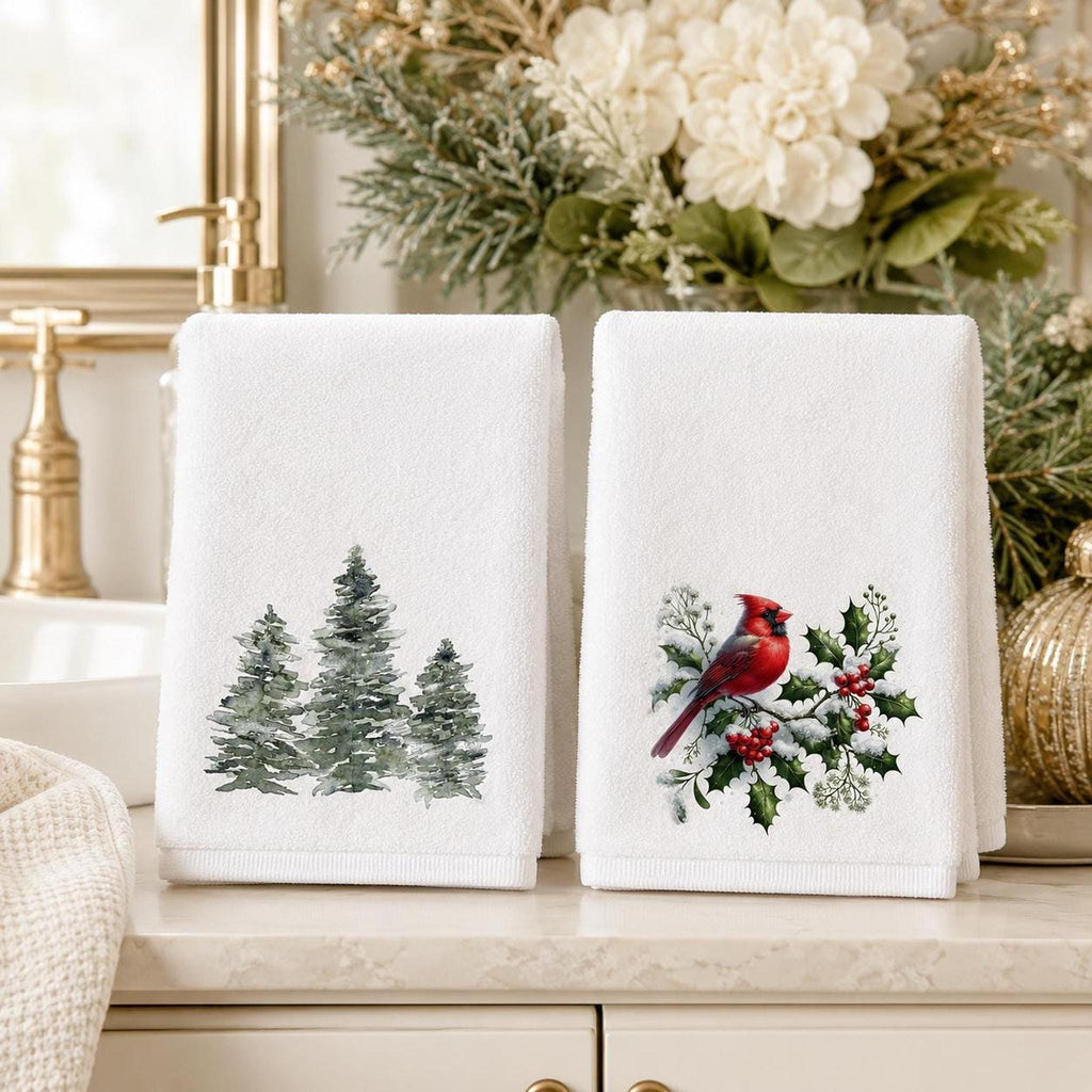 Christmas Towel Set, Cardinal & Evergreen Fingertip for Holiday Decor