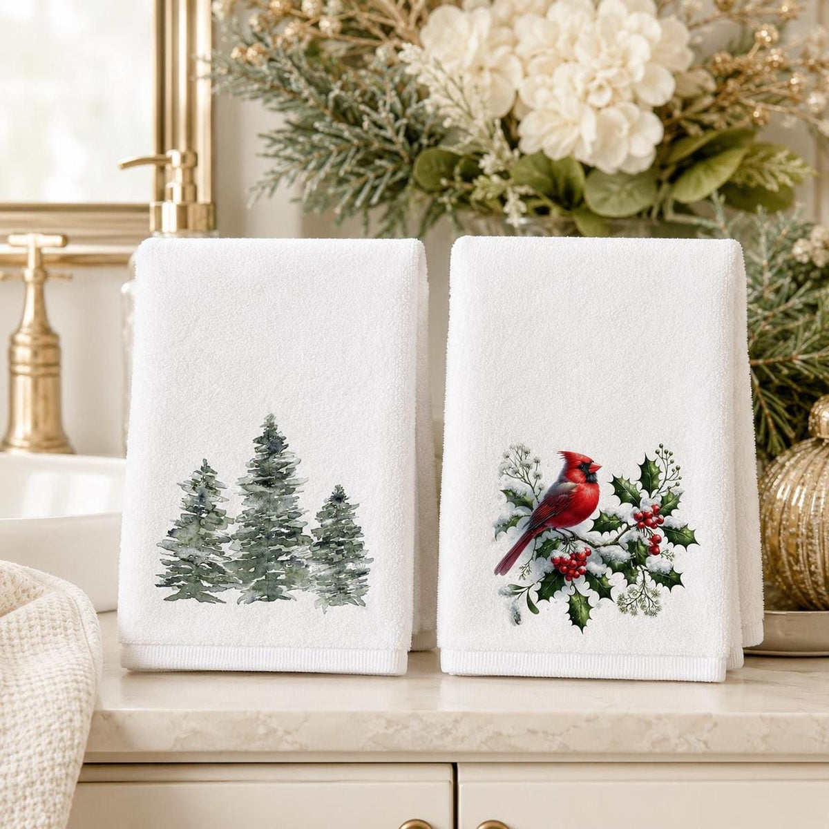 Christmas Towel Set, Cardinal & Evergreen Fingertip for Holiday Decor
