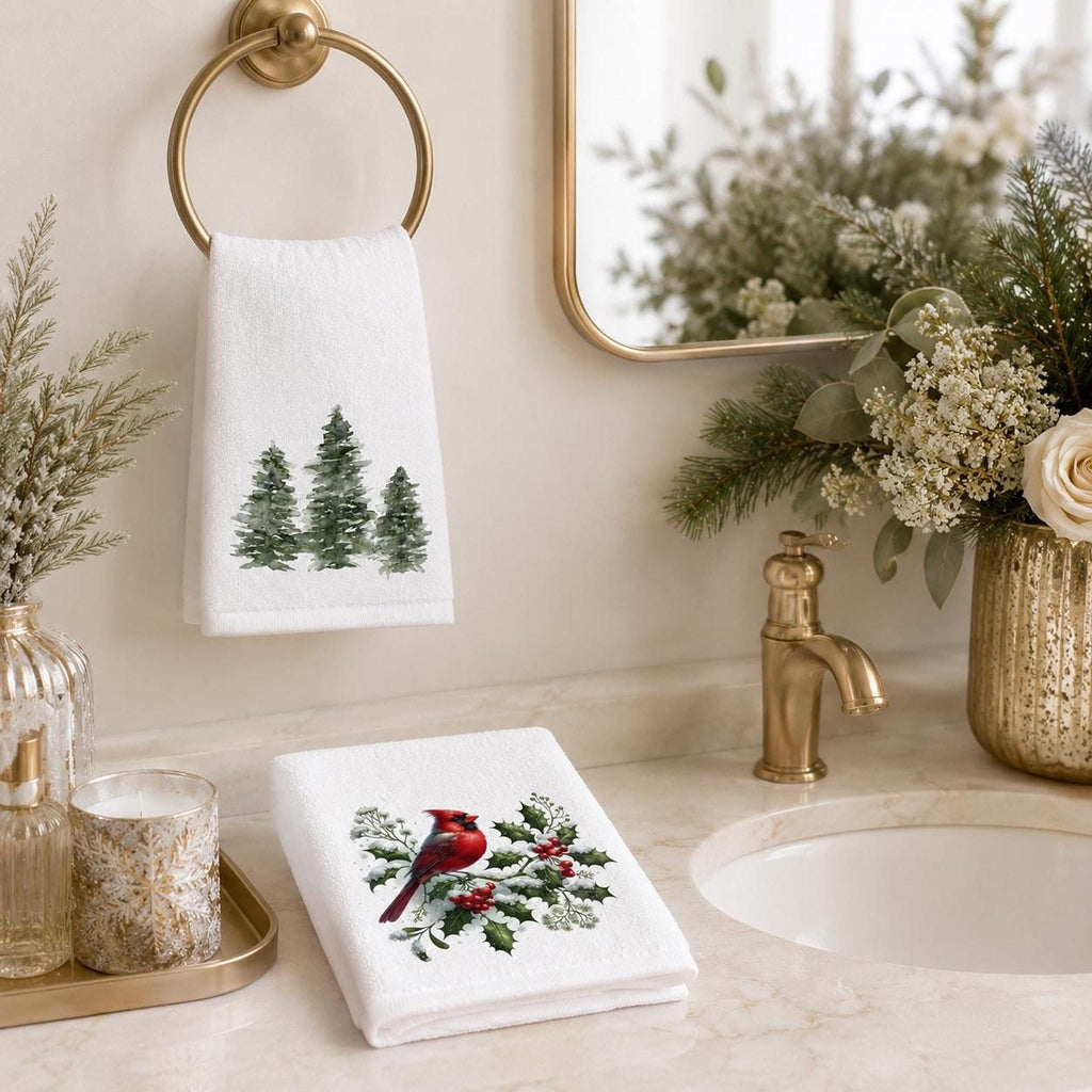 Christmas Towel Set, Cardinal & Evergreen Fingertip for Holiday Decor