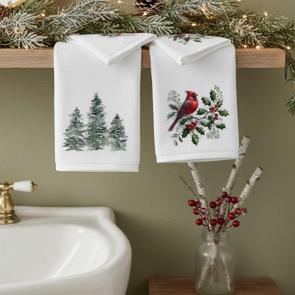 Christmas Towel Set, Cardinal & Evergreen Fingertip for Holiday Decor