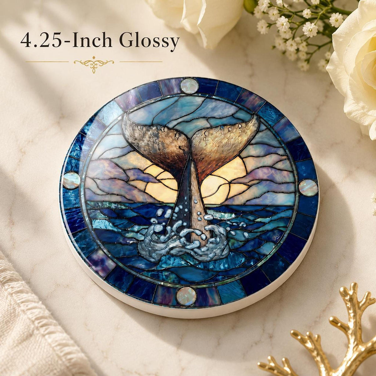 Whale Tail Ceramic Coaster, Nautical Ocean Decor with Cork Backing