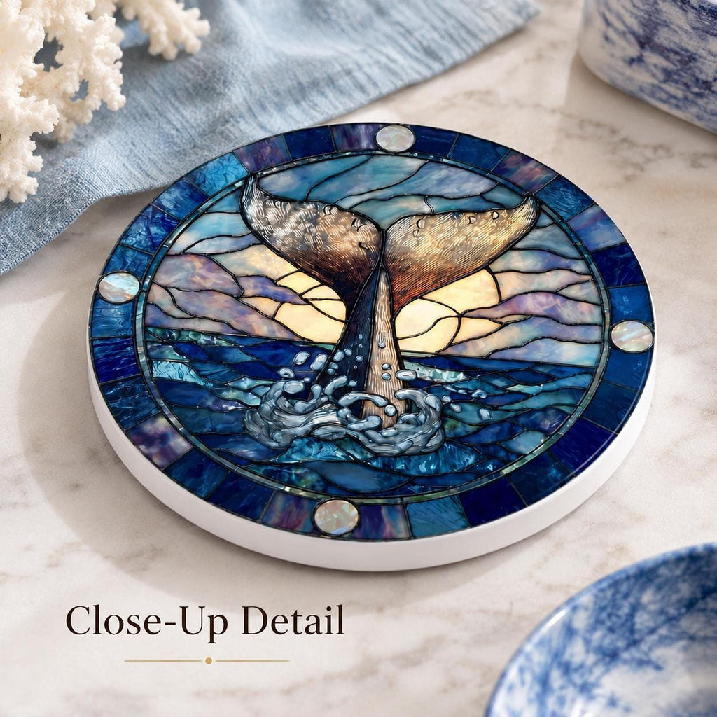 Whale Tail Ceramic Coaster, Nautical Ocean Decor with Cork Backing