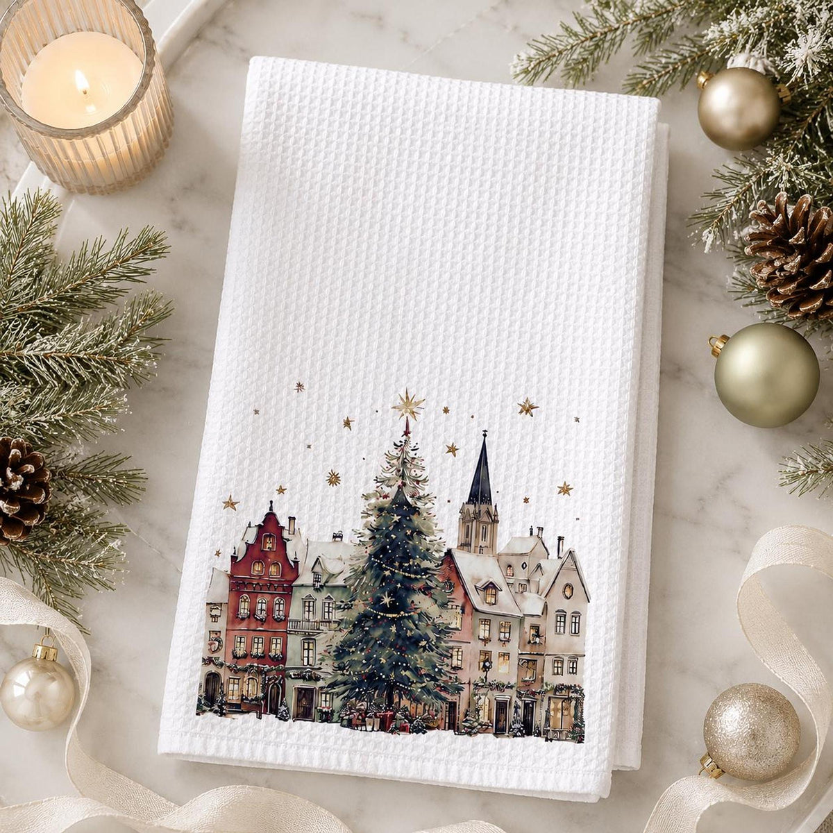 Christmas Towel with Winter Village Design, Waffle Hand for Kitchen or Bath