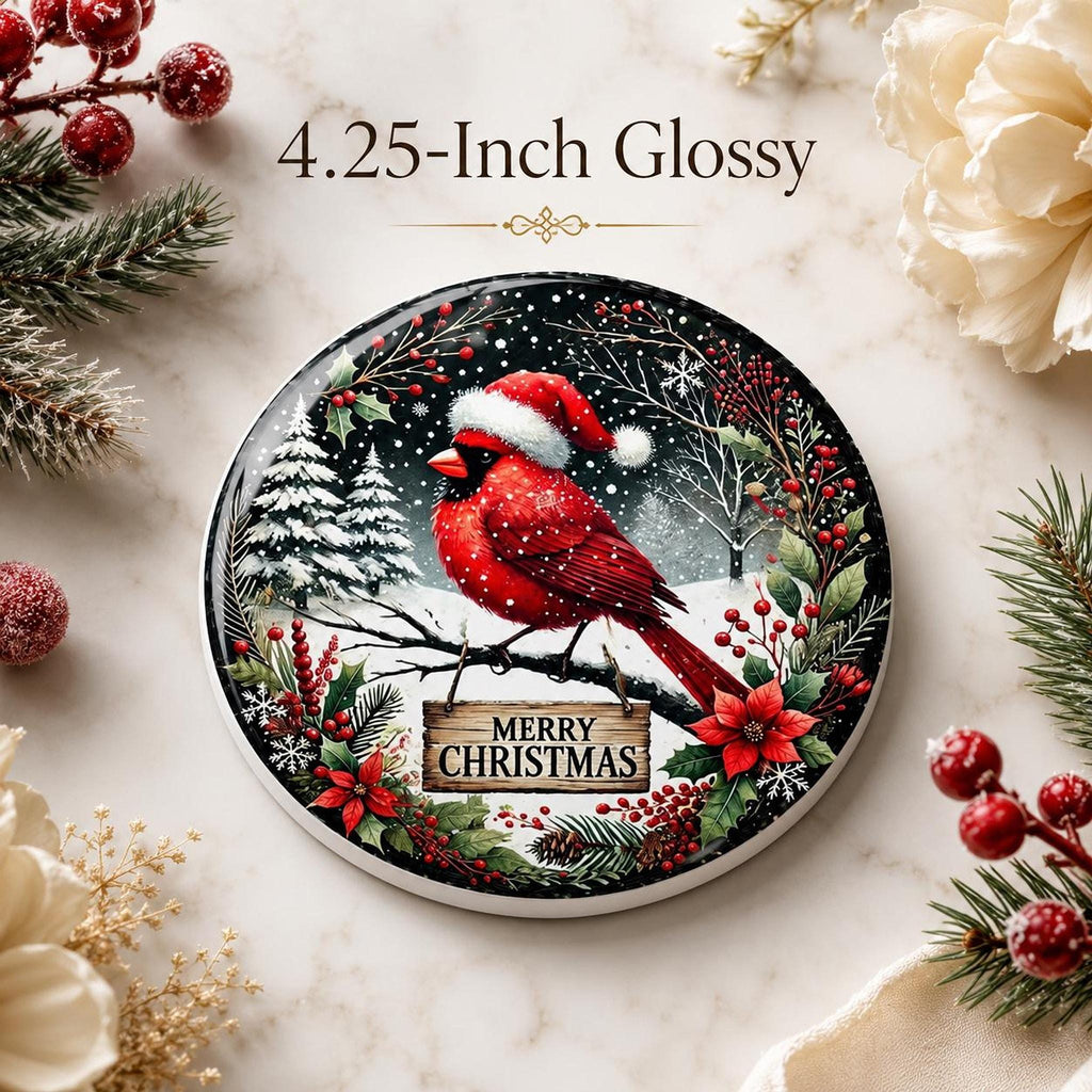 Christmas Coaster Featuring Cardinal in Santa Hat, Round Ceramic Drink Mat
