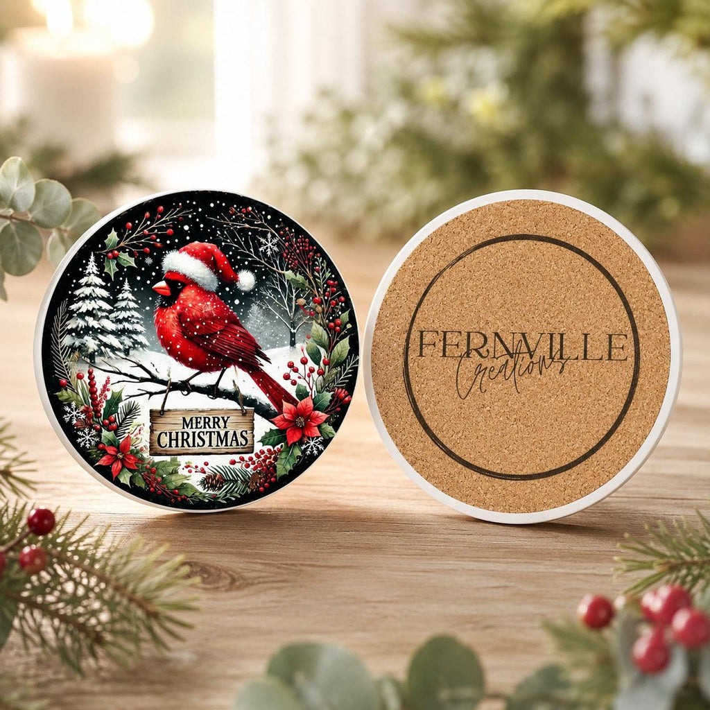 Christmas Coaster Featuring Cardinal in Santa Hat, Round Ceramic Drink Mat